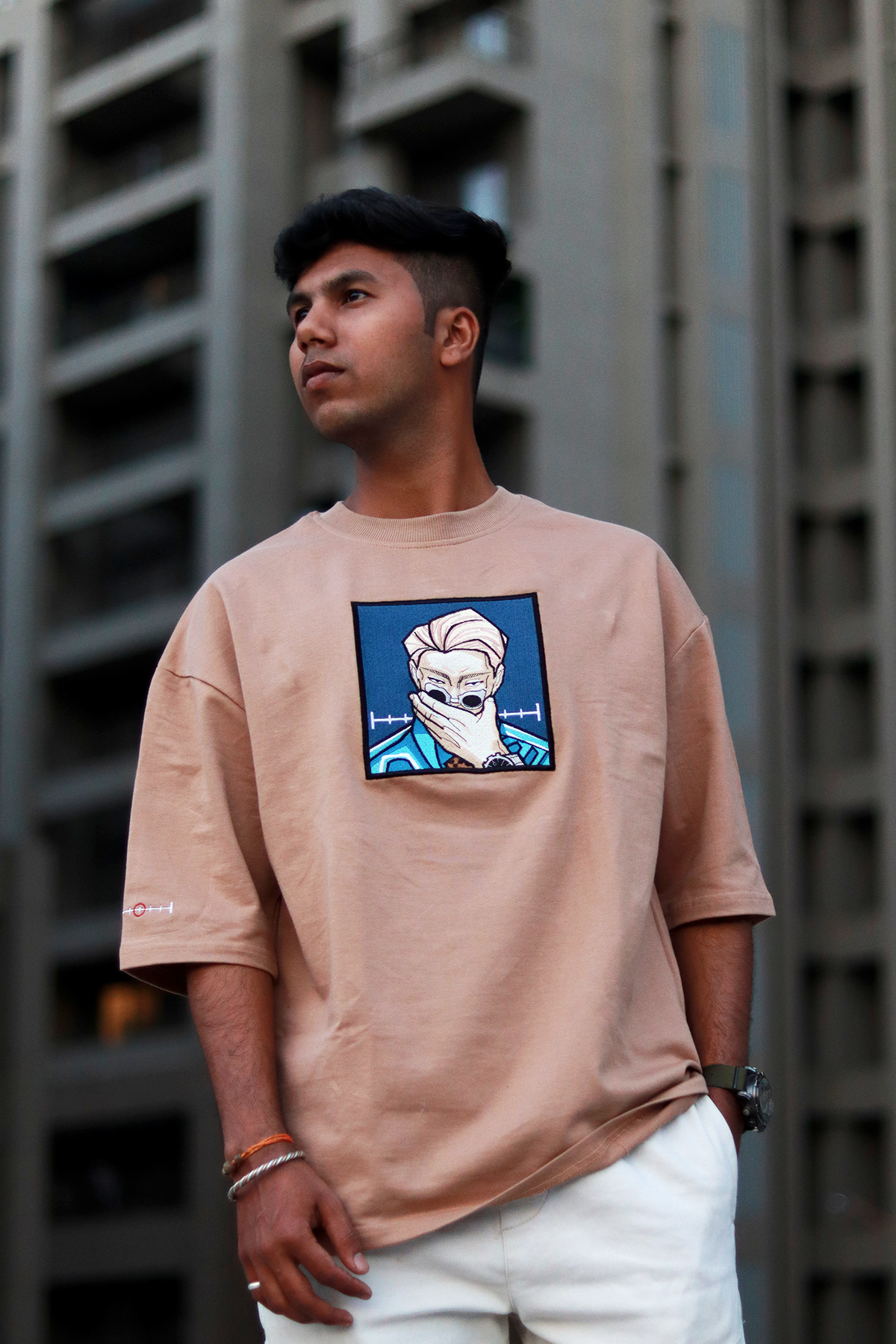 Serious Nanami Beige Oversized T-Shirt — Embroidered
