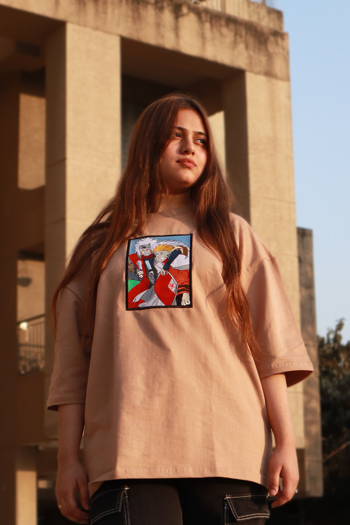 Konoha’s Duo Beige Oversized T-Shirt — Embroidered