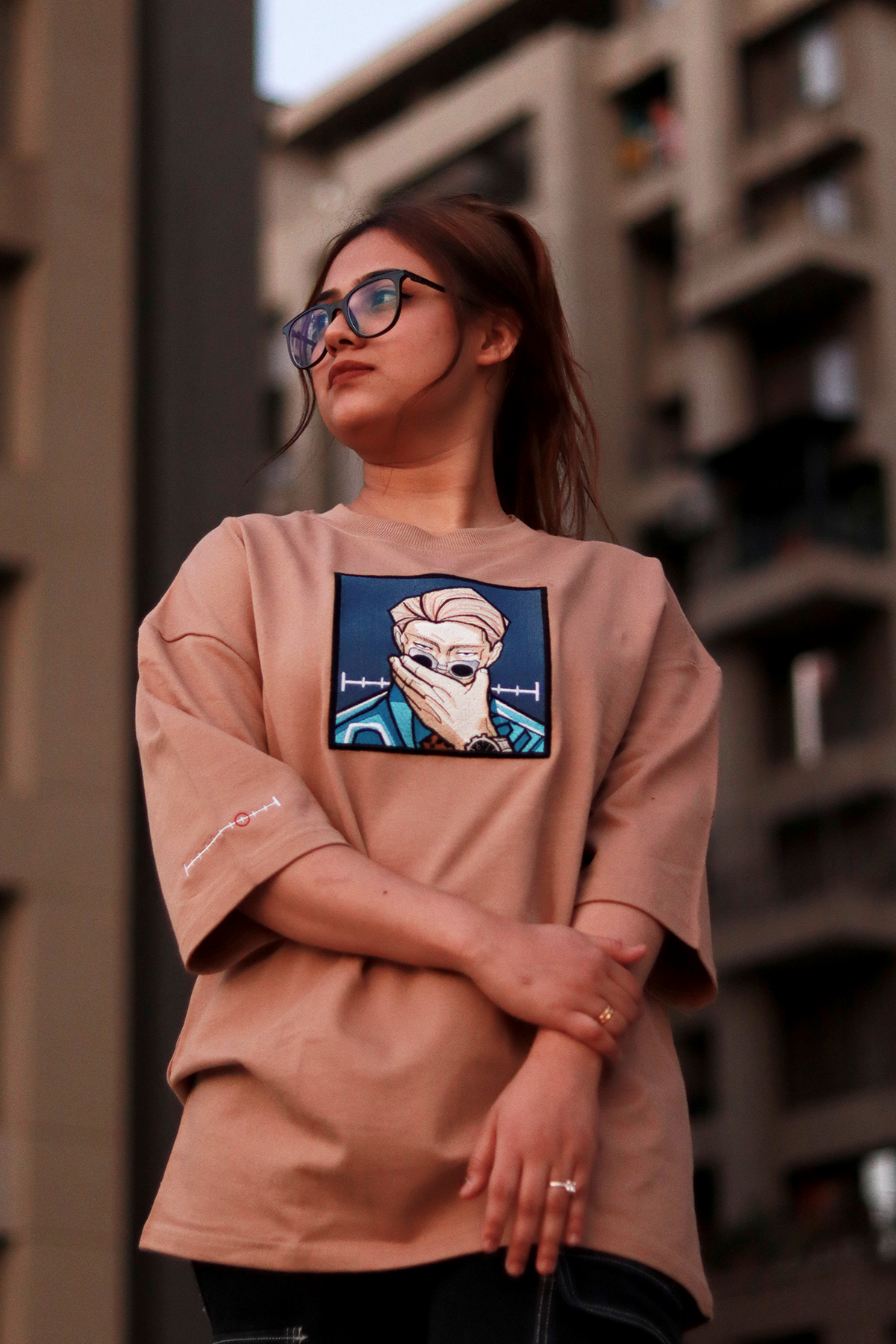 Serious Nanami Beige Oversized T-Shirt — Embroidered