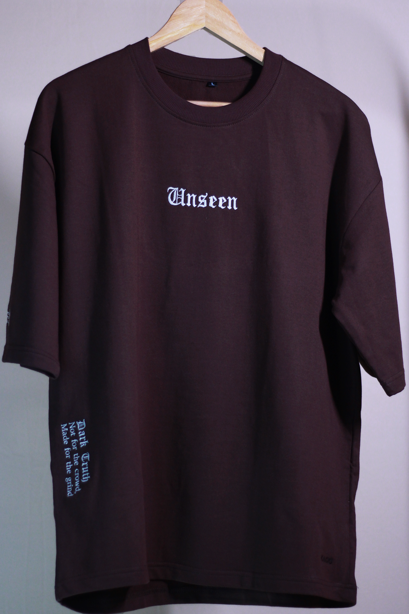 Unseen Coffee Oversized T-Shirt — Minimal Gothic Embroidery