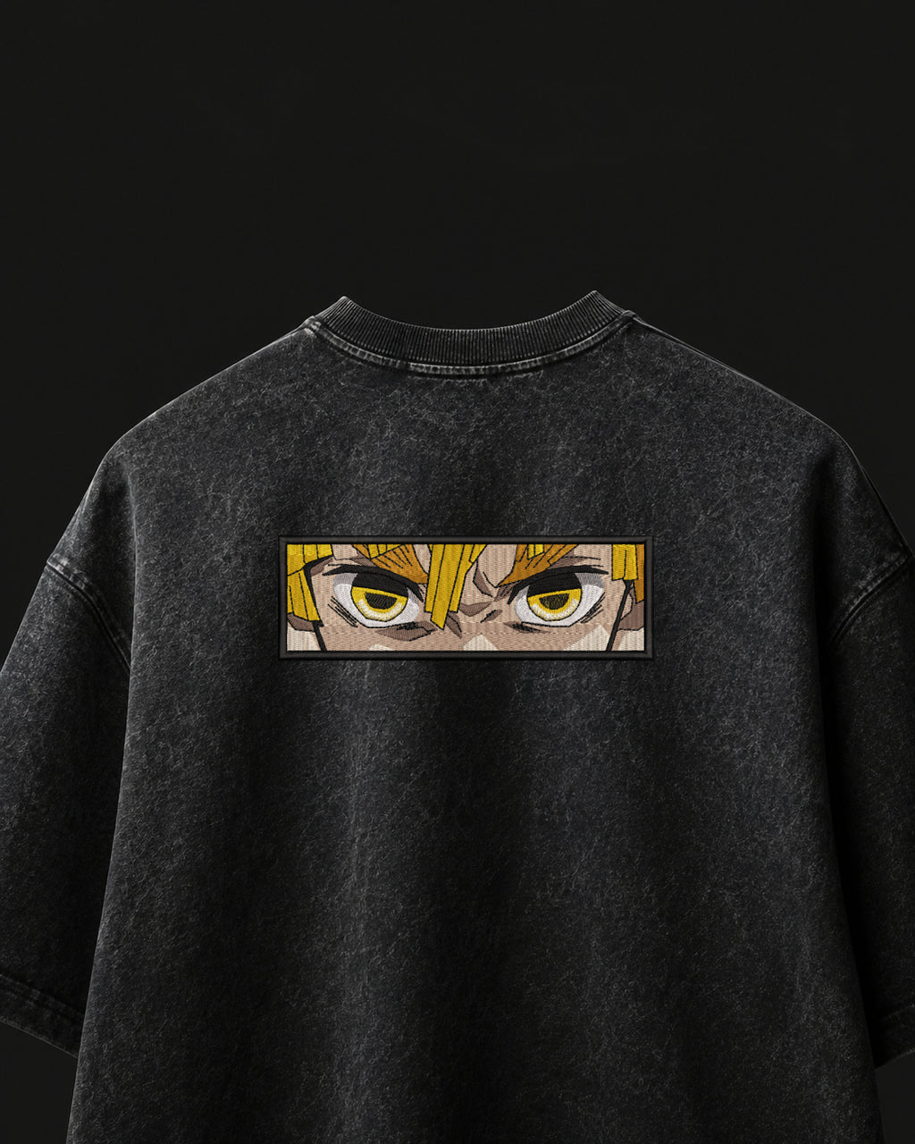 Zenitsu Intense Gaze Embroidered Oversized T-Shirt – Acid Wash Black