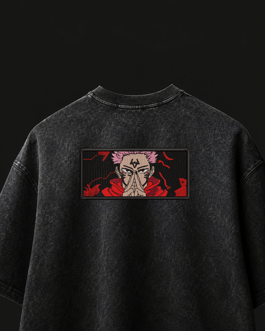 Sukuna Domain Expansion Embroidered Oversized T-Shirt – Acid Wash Black