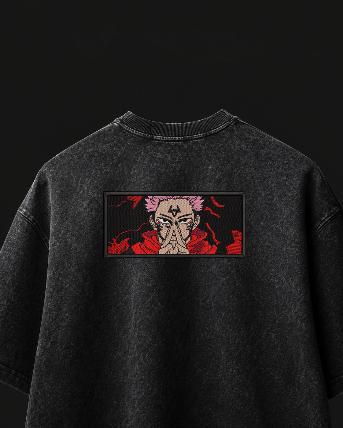 Sukuna Domain Expansion Embroidered Oversized T-Shirt – Acid Wash Black