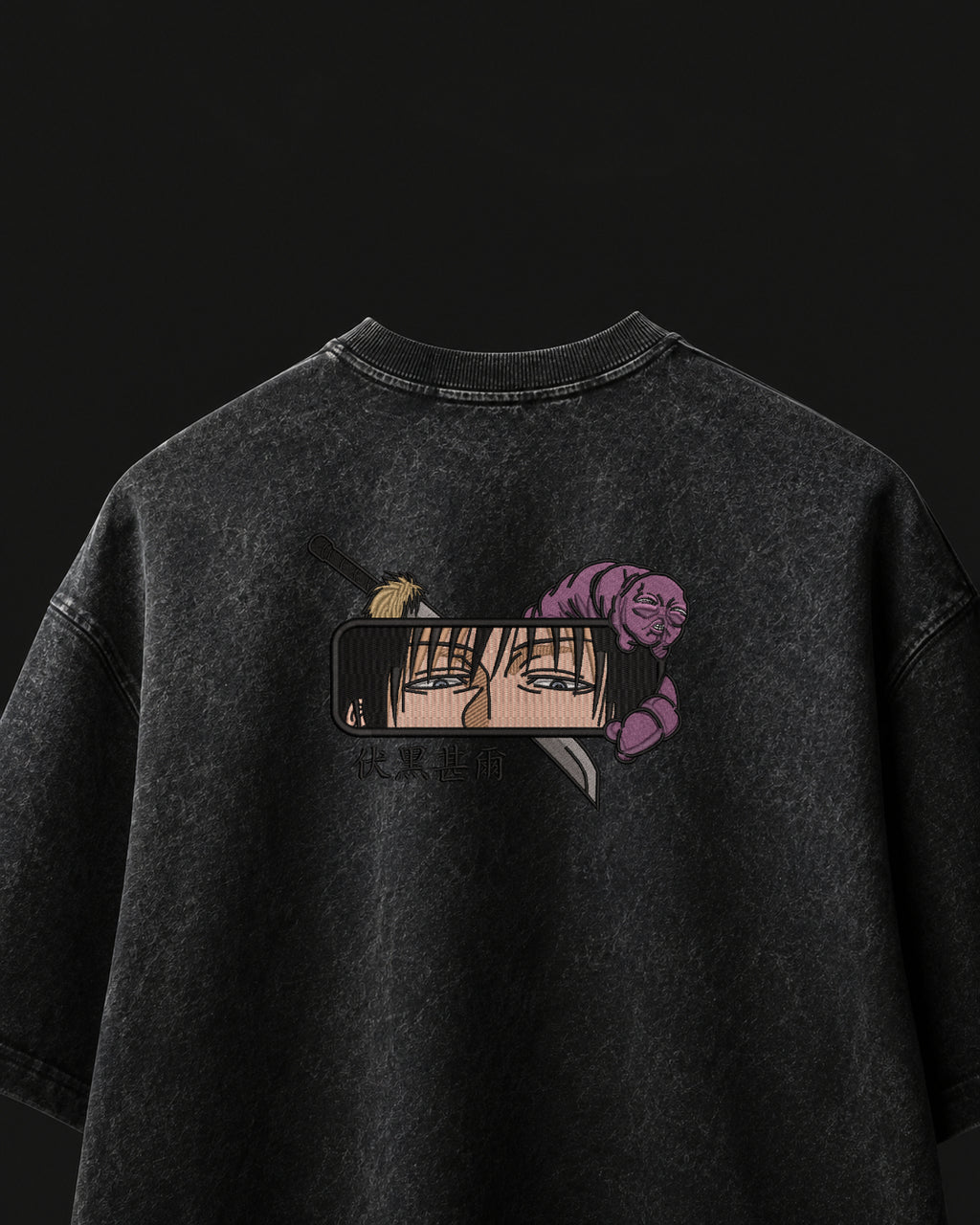 Toji Cursed Spirit Embroidered Oversized T-Shirt – Acid Wash Black