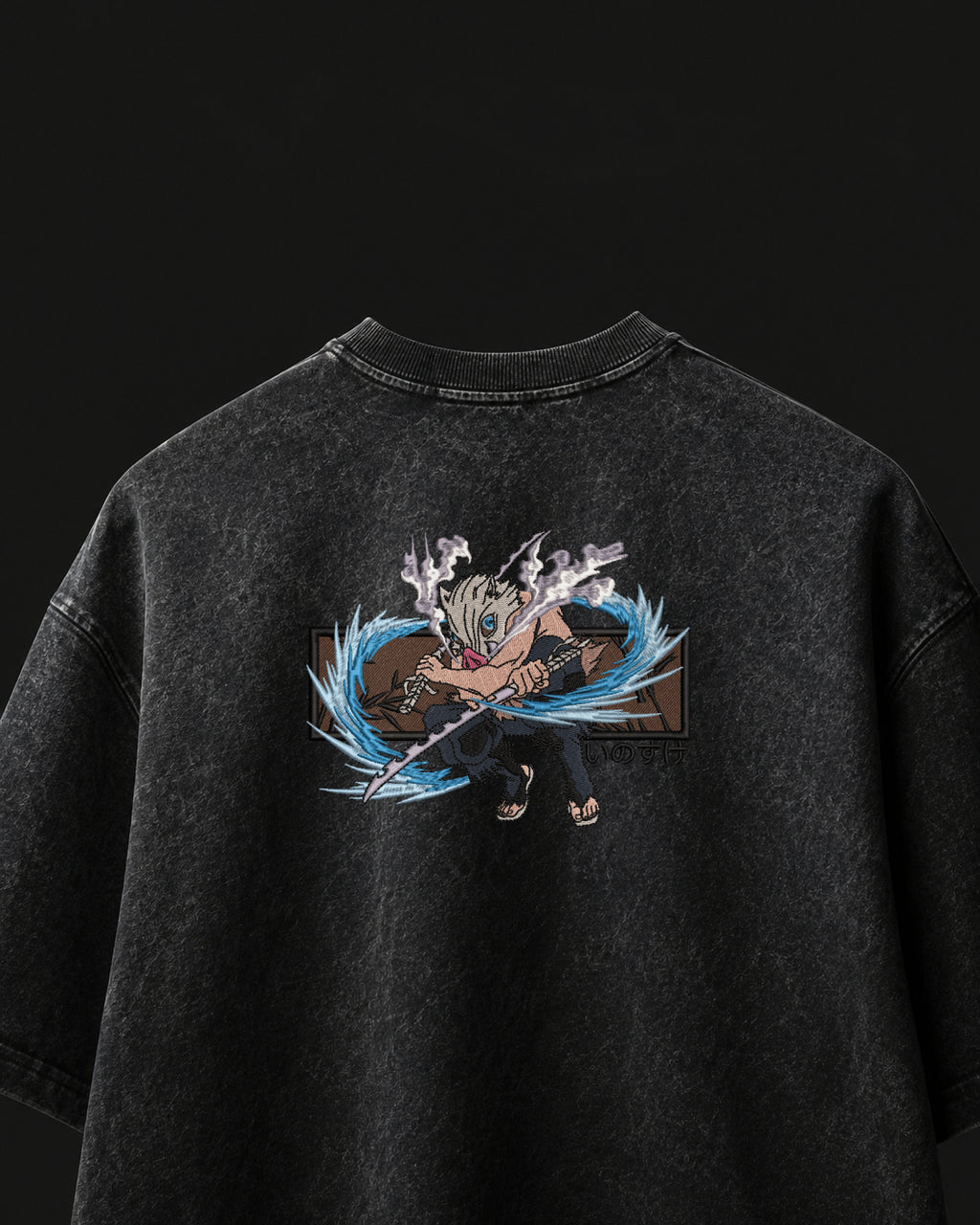 Inosuke Beast Breathing Embroidered Oversized T-Shirt – Acid Wash Black