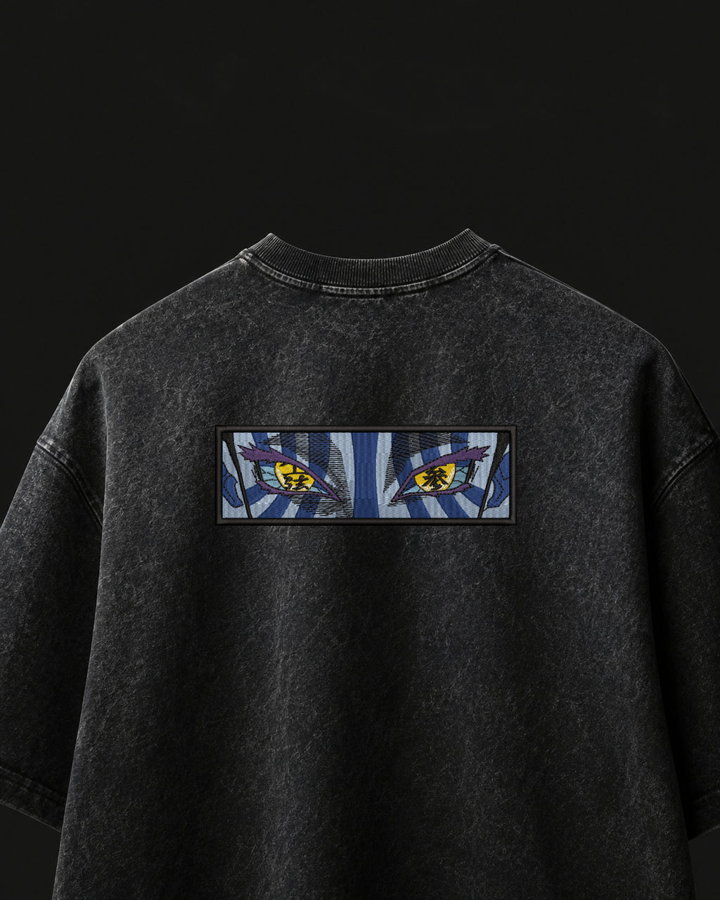 Akaza Demon Eyes Embroidered Oversized T-Shirt – Acid Wash Black