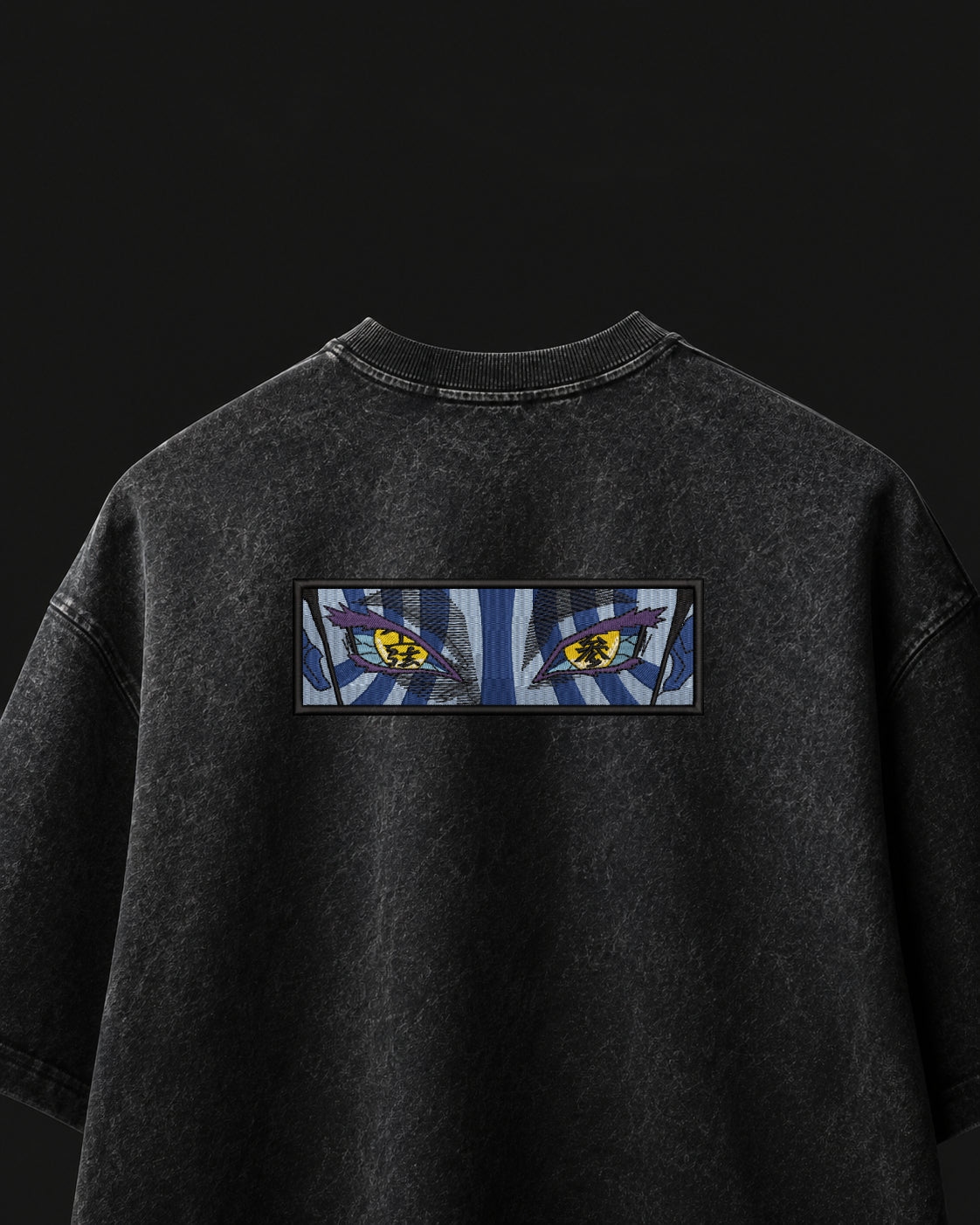 Akaza Demon Eyes Embroidered Oversized T-Shirt – Acid Wash Black