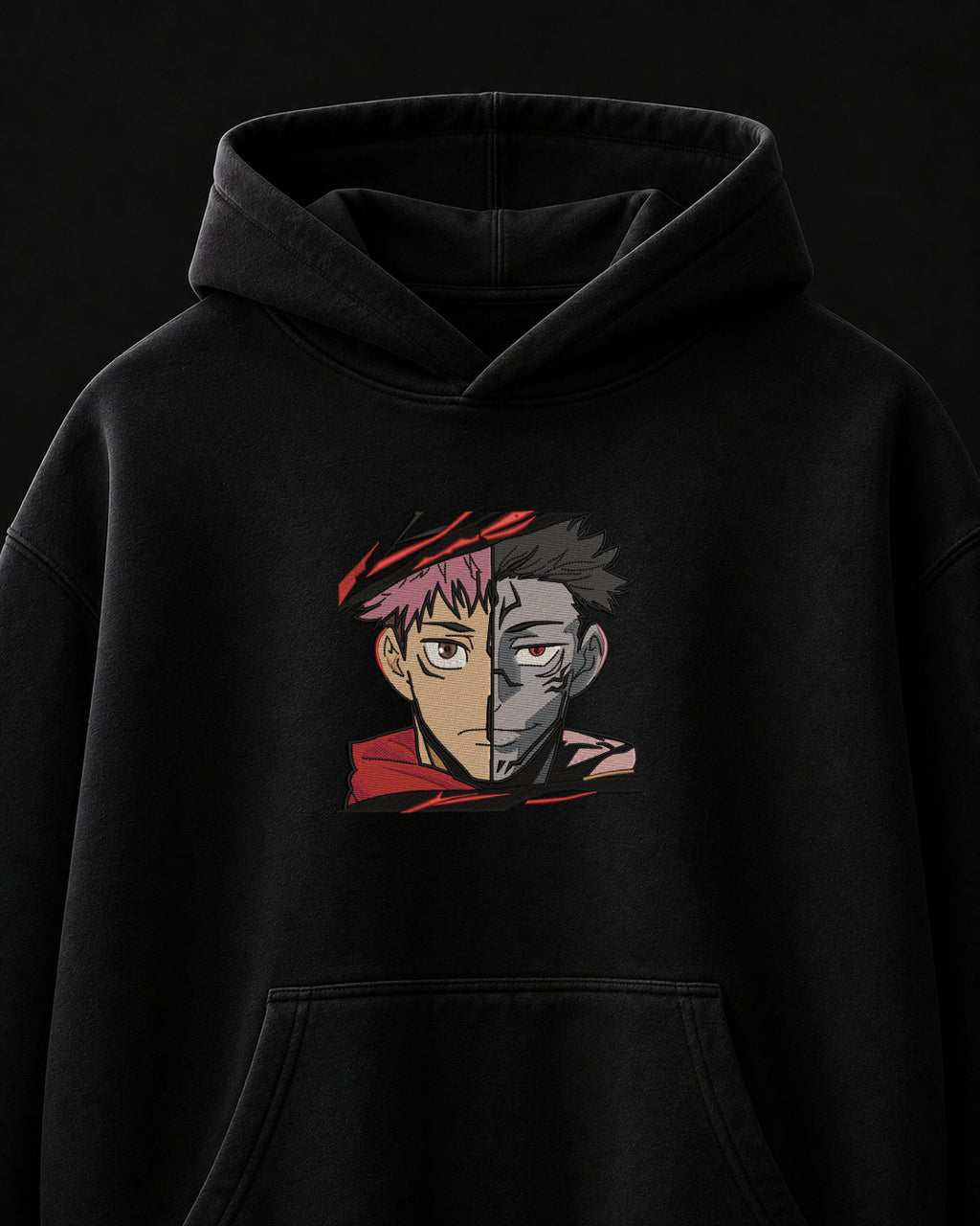 Sukuna & Yuji Embroidered Oversized Hoodie – Black