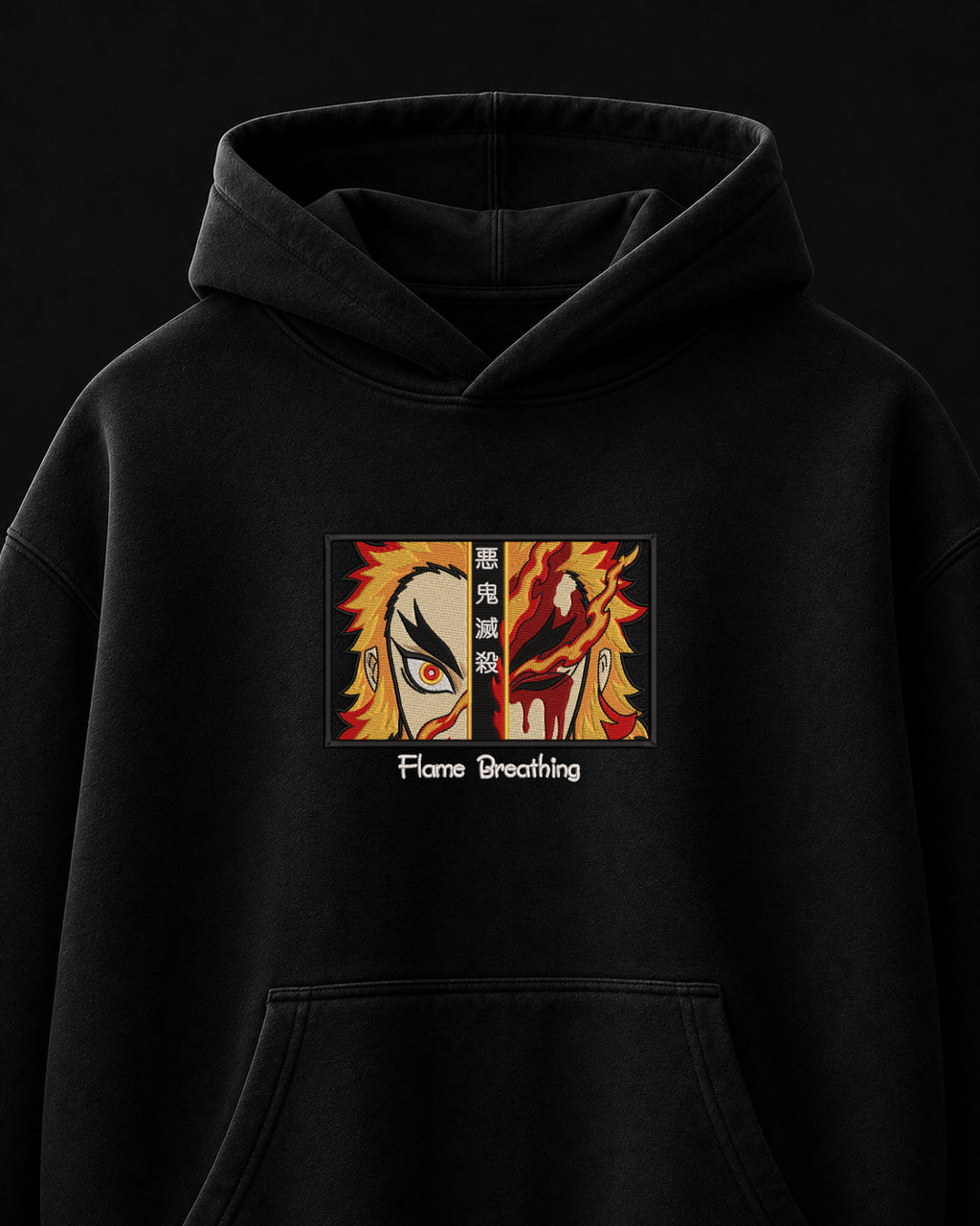 Flame Breathing Embroidered Oversized Hoodie – Black