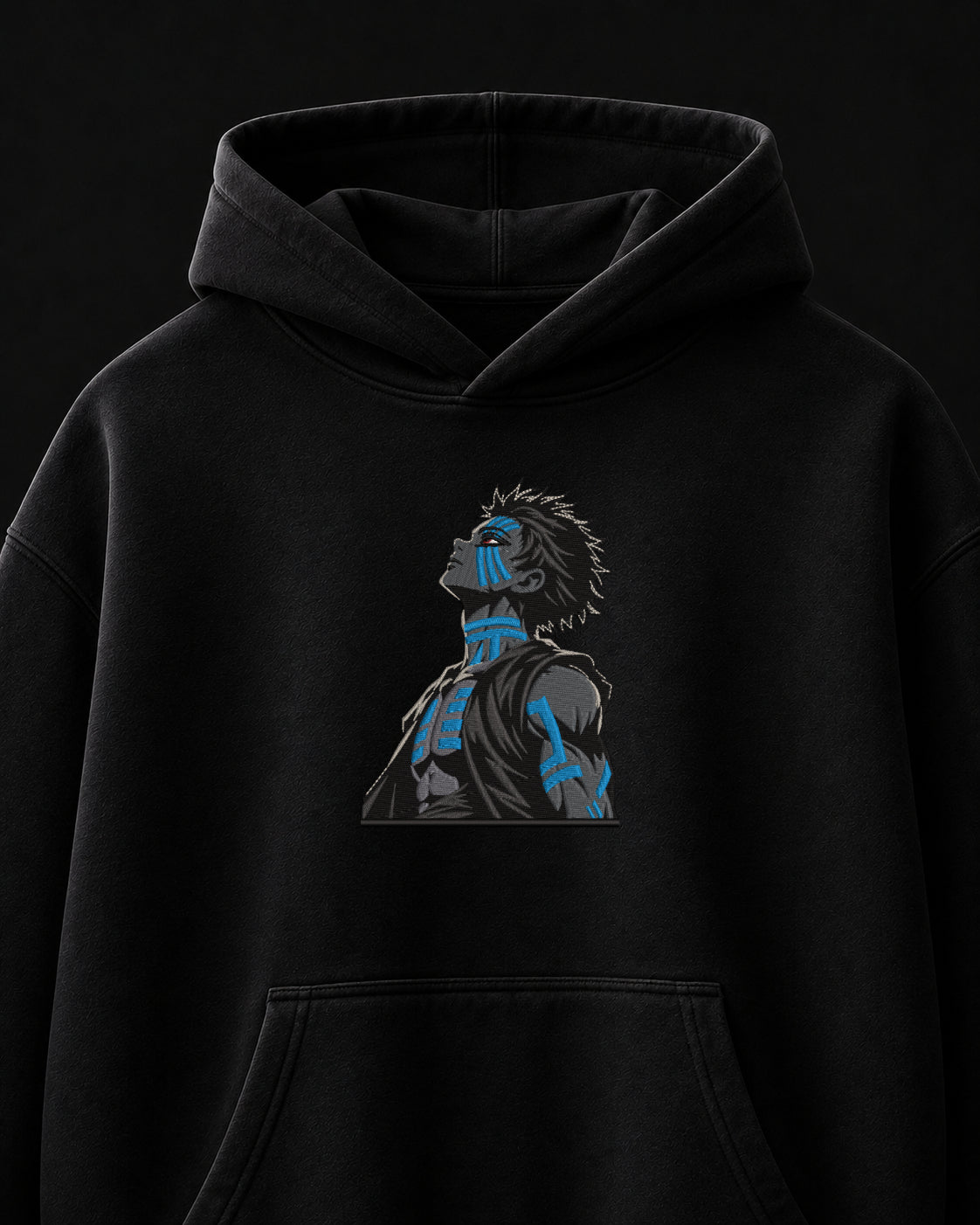 Akaza Blue Flame Embroidered Oversized Hoodie – Black