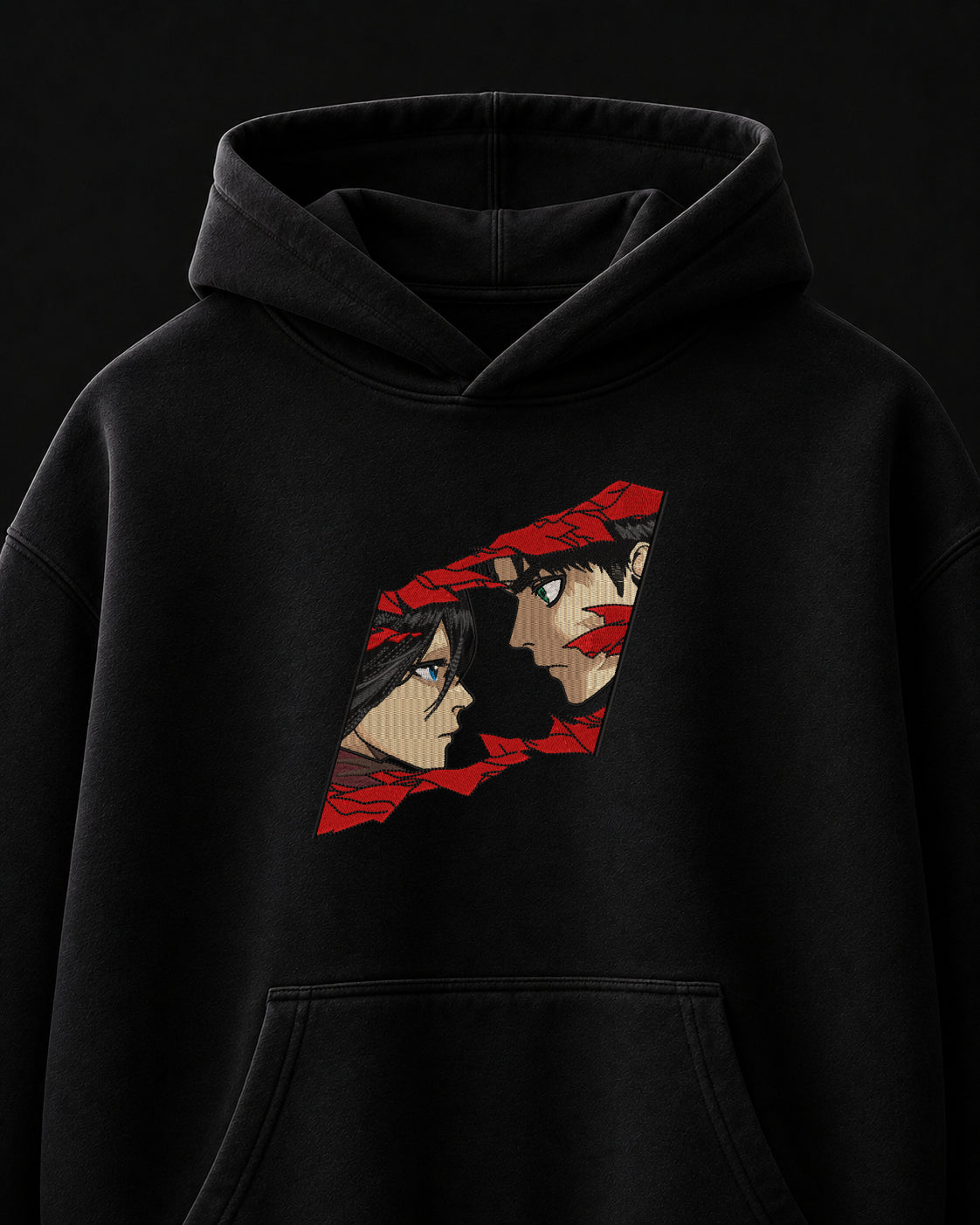Eren X Mikasa Embroidered Oversized Hoodie – Black