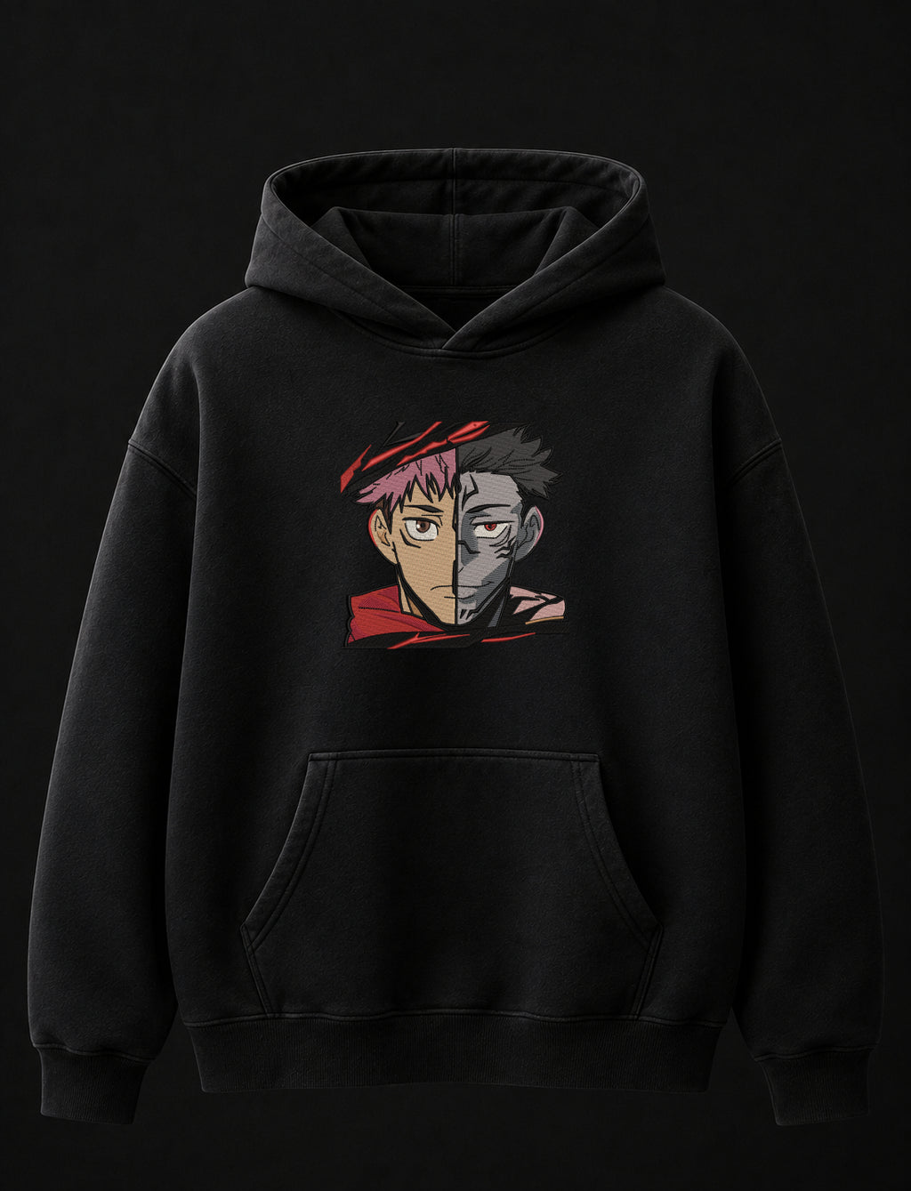 Sukuna & Yuji Embroidered Oversized Hoodie – Black