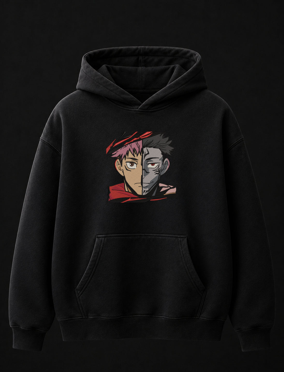 Sukuna & Yuji Embroidered Oversized Hoodie – Black
