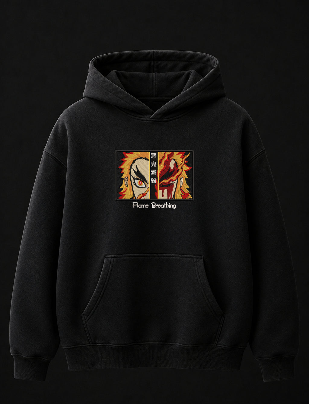 Flame Breathing Embroidered Oversized Hoodie – Black