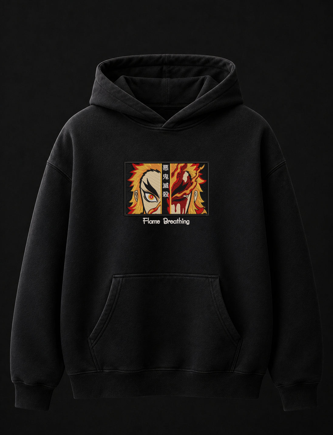 Flame Breathing Embroidered Oversized Hoodie – Black