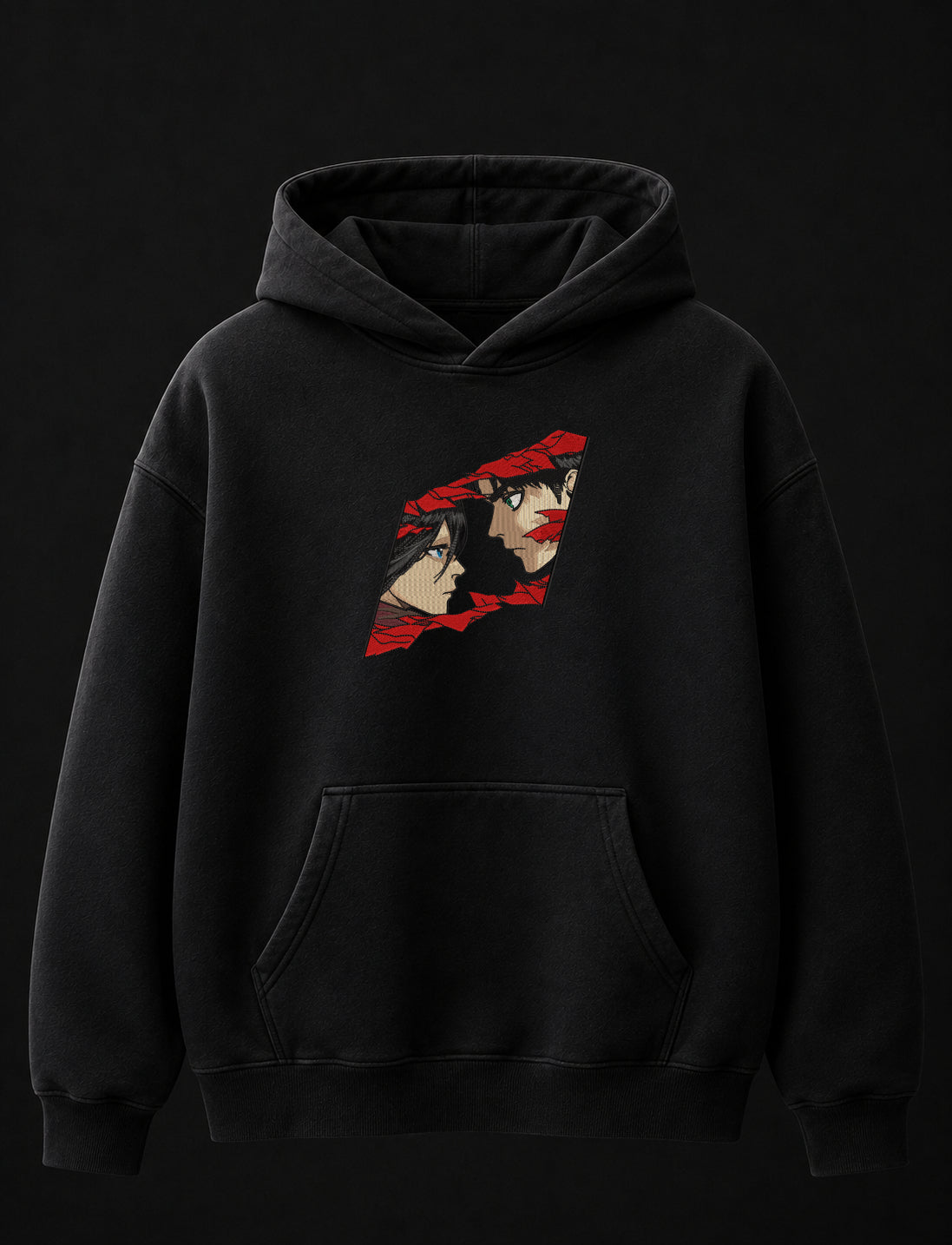 Eren X Mikasa Embroidered Oversized Hoodie – Black
