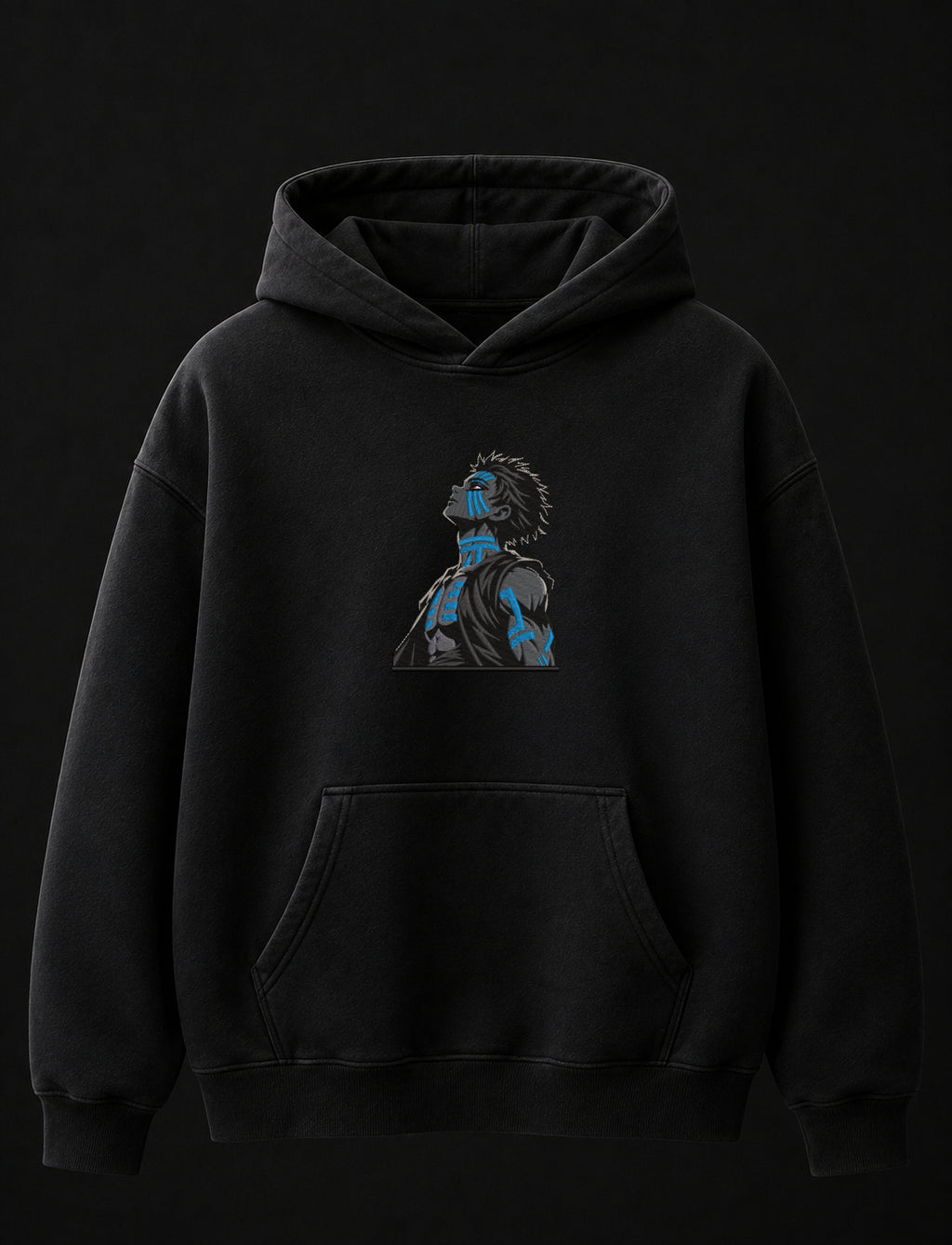 Akaza Blue Flame Embroidered Oversized Hoodie – Black