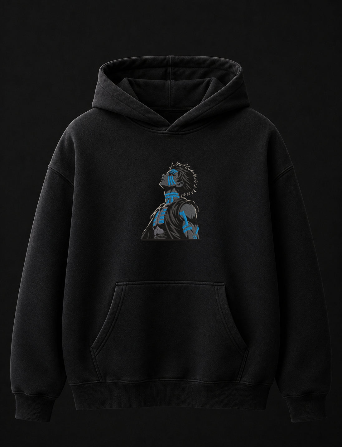 Akaza Blue Flame Embroidered Oversized Hoodie – Black