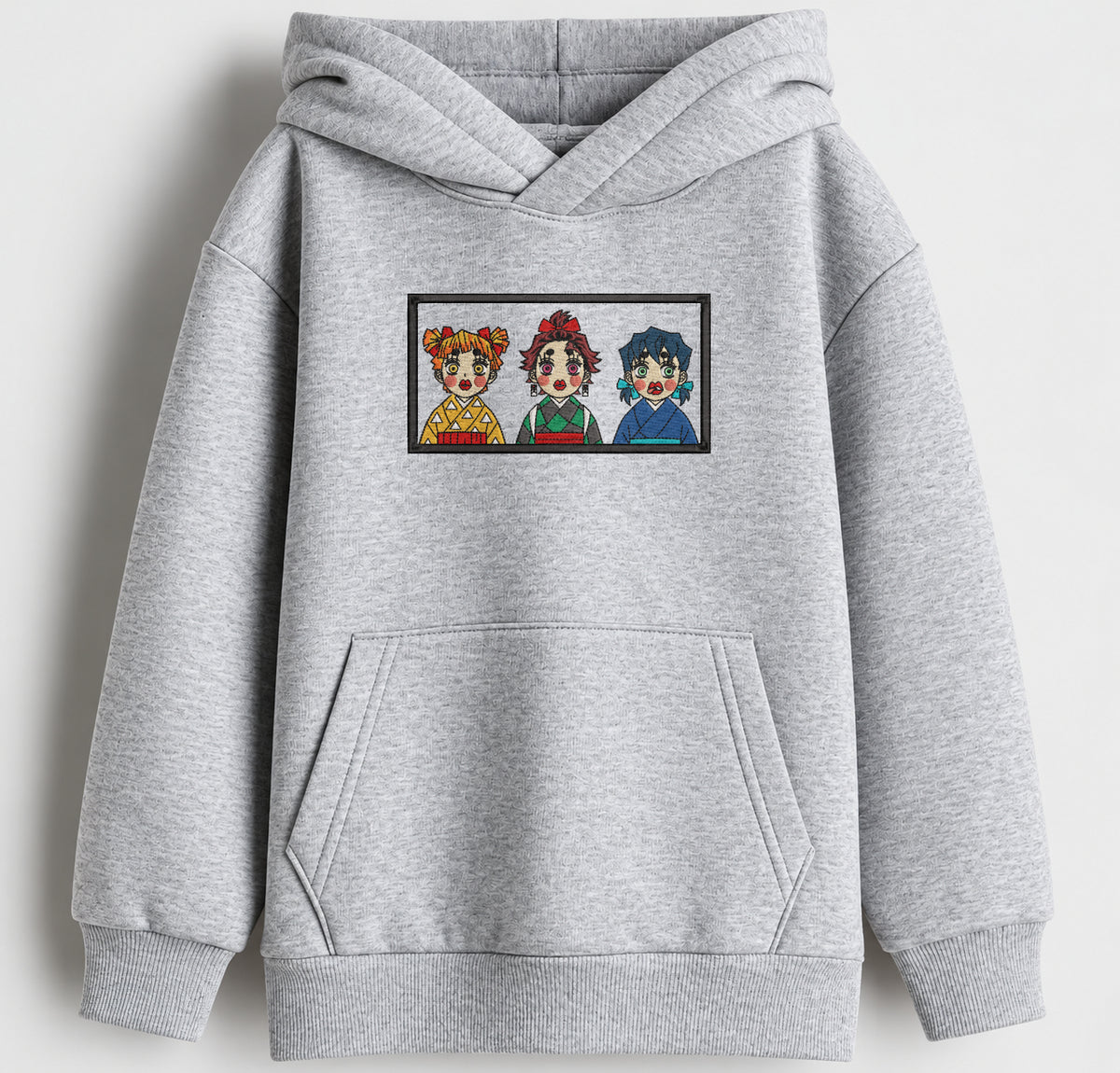 Demon Slayer Trio Embroidered Oversized Hoodie – Melange Grey