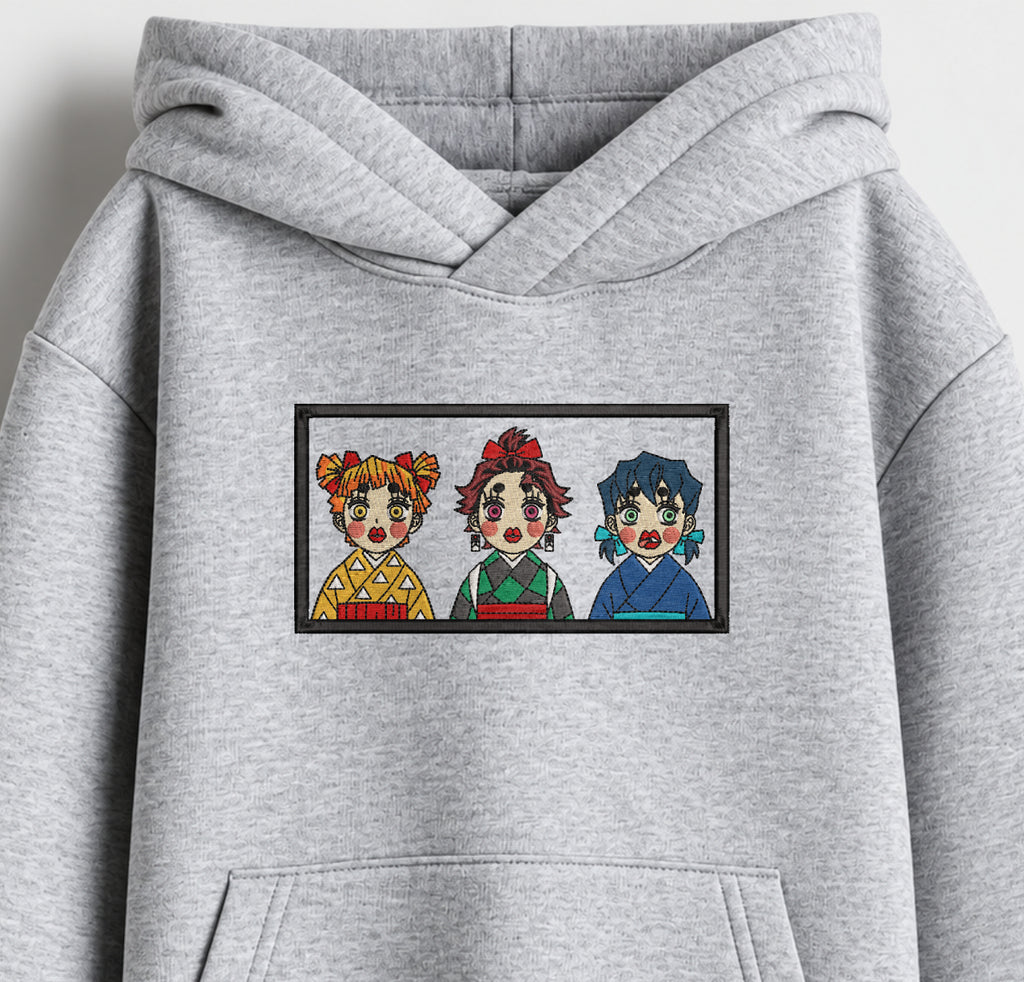 Demon Slayer Trio Embroidered Oversized Hoodie – Melange Grey