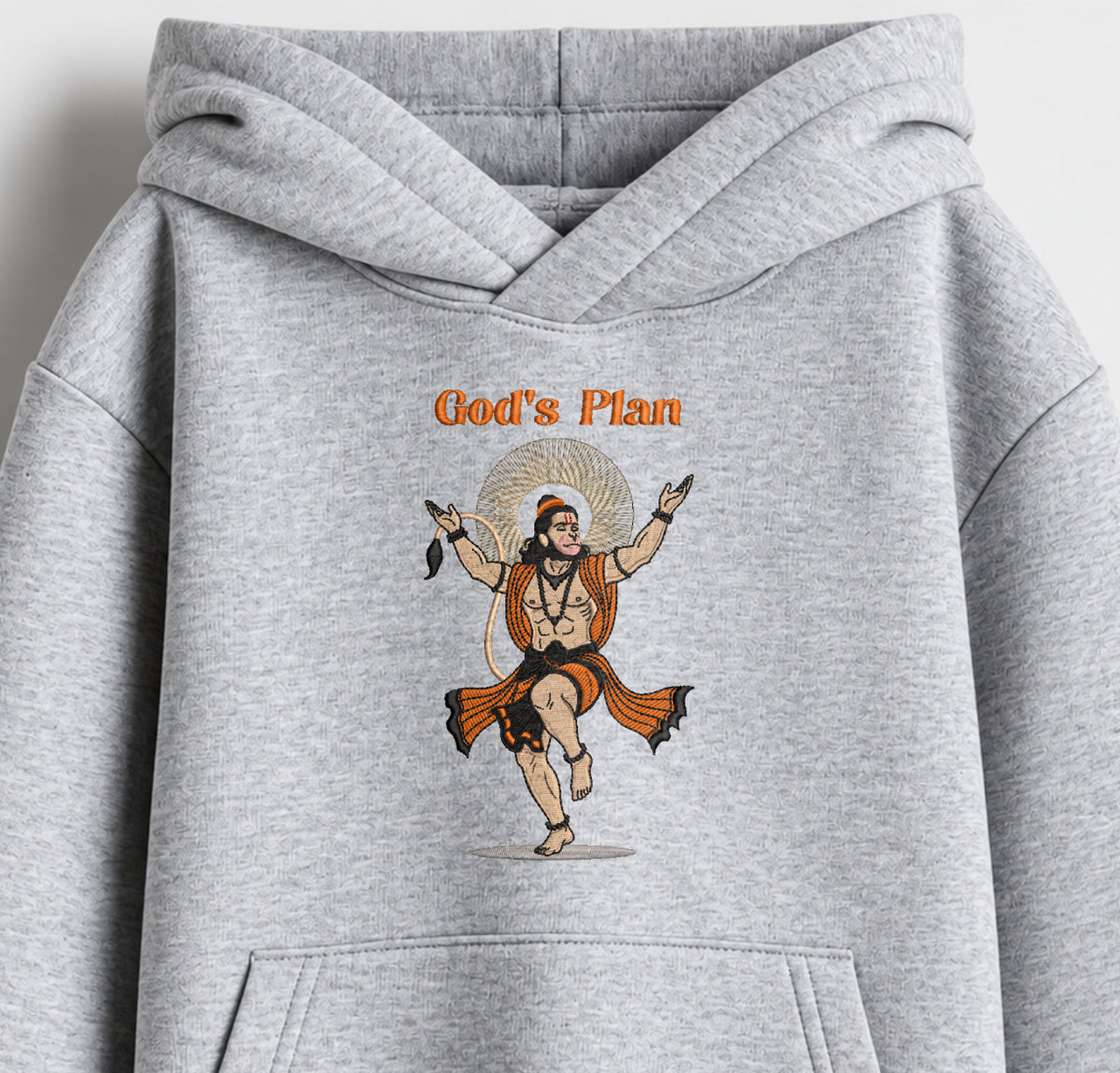 Hanuman Ji Embroidered Oversized Hoodie – Melange Grey