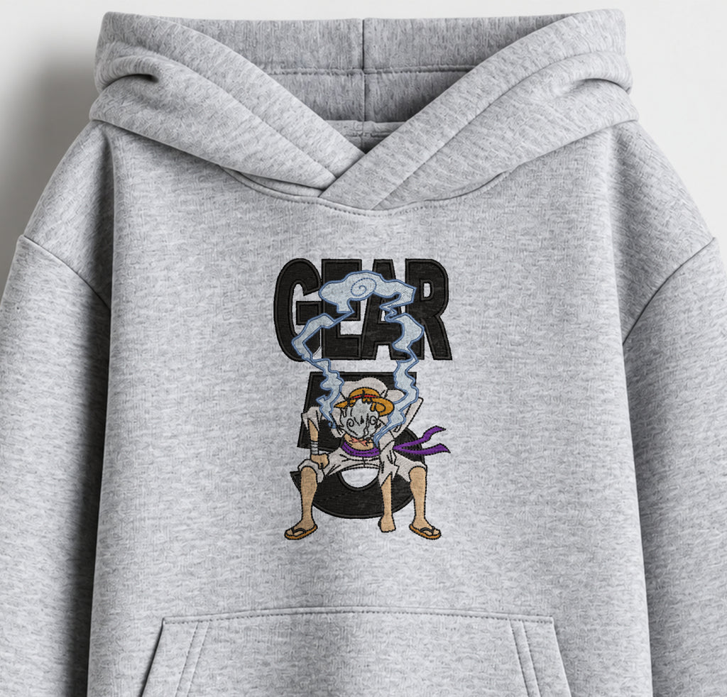 Gear 5 Luffy Embroidered Oversized Hoodie – Melange Grey